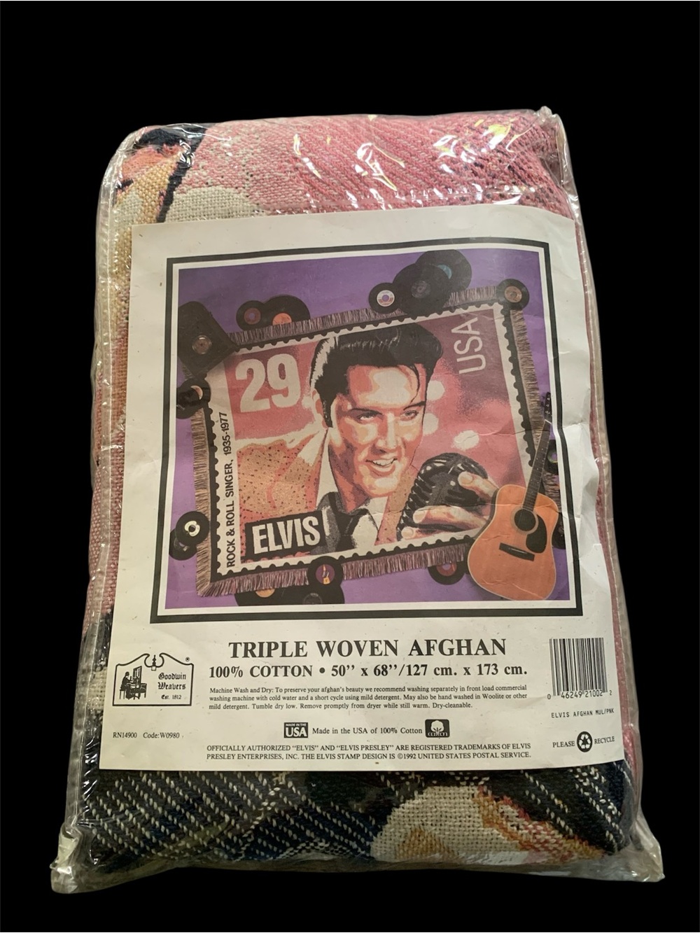 Elvis Presley New in Package Triple Woven Afghan , 1992, Goodwin Weavers